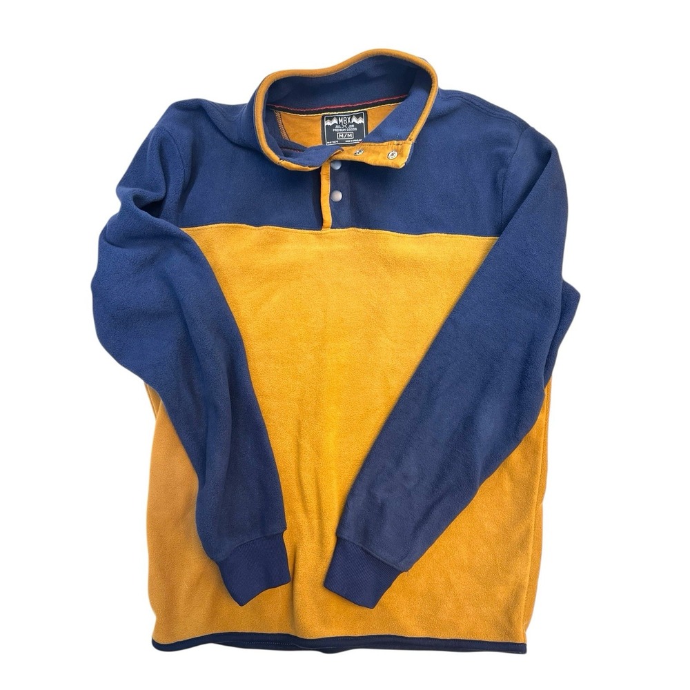 MBX Premium Goods Pullover Sweater‎ Mens Size M Blue Brown Fleece 1/4 Button Up